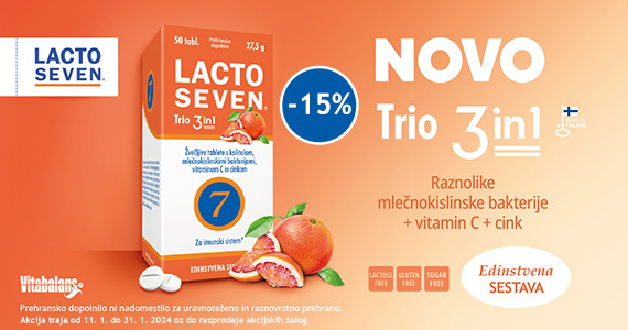 Novost na Lekarnar.com: Lactoseven Trio 3in1 žvečljive tablete so vam na voljo 15% ugodneje.