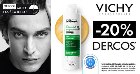 Vsi izdelki Vichy Dercos so vam na voljo 20% ugodneje + Brezplačna dostava ob nakupu Vichy nad 30€.