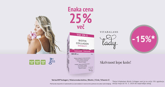 Skin Beauty Biotin Collagen Vitabalans Lady paket (120 + 30 tablet) vam je na voljo 15% ugodneje