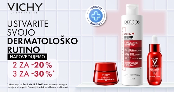 Vichy vikend: Ob nakupu 2 izdelkov Vichy prejmete 20% popust, ob nakupu 3 ali več izdelkov pa kar 30% popust.