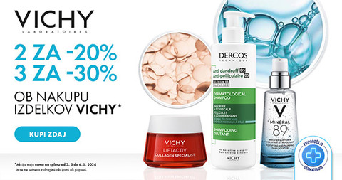 Vichy vikend: Ob nakupu 2 izdelkov Vichy prejmete 20% popust, ob nakupu 3 ali več izdelkov pa kar 30% popust.