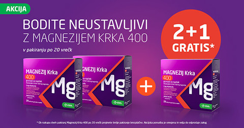  Krka Magnezij 400 mg 20 vrečk vam je na voljo v posebni ponudbi: 2+1.