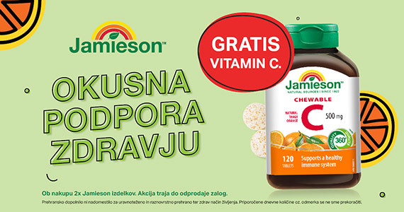 Ob nakupu 2 izdelkov Jamieson prejmete darilo: Jamieson Vitamin C 500 mg žvečljive tablete z okusom pomaranče (120 tablet) (rok uporabe darila: 10/2024).