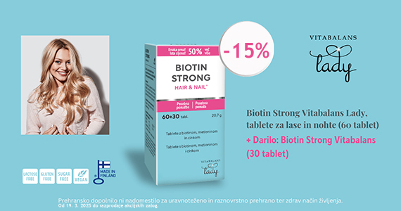 Vitabalans Biotin Strong paket (60 + 30 tablet) vam je na voljo 15% ugodneje.