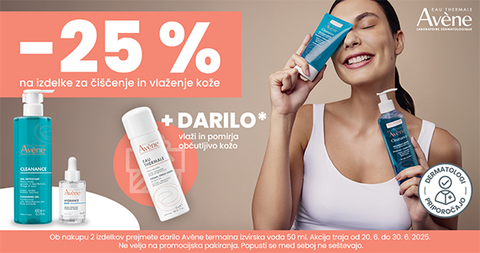 Avene izdelki za vlaženje kože so vam na voljo 25% ugodneje + darilo ob nakupu 2 izdelkov Avene: Avene termalna voda (50 ml).
