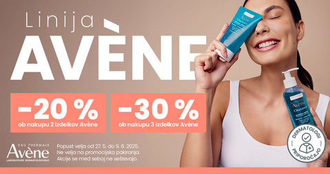 Ob nakupu 2 izdelkov Avene prejmete 20% popust, ob nakupu 3 ali več izdelkov pa kar 30% popust.