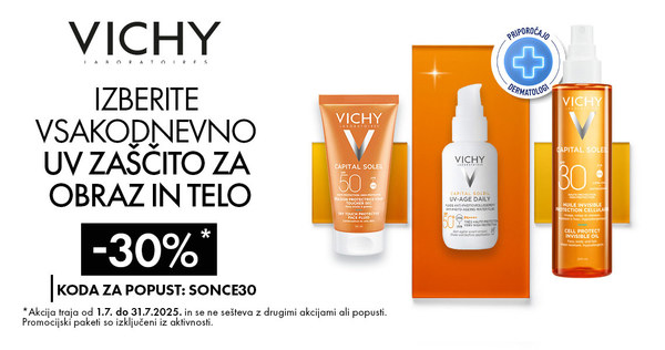 Izdelki Vichy Capital Soleil za zaščito pred soncem so vam na voljo 25% ugodneje.