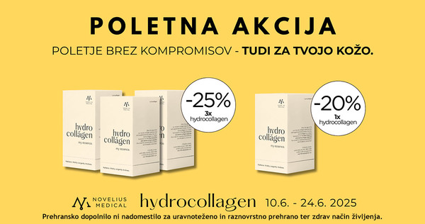 Ob nakupu 1 izdelka Novelius Medical Hydrocollagen prejmete 20% popust, ob nakupu 3 ali več izdelkov pa kar 25% popust.