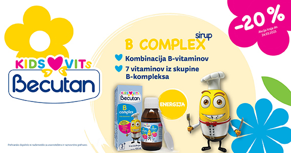 Izdelka Becutan Kids B-Complex in Becutan Kids Vits izotonična raztopina za nos sta vam na voljo 20% ugodneje.