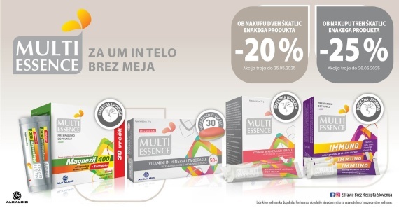 Ob nakupu 2 izdelkov Multi Essence prejmete 20% popust, ob nakupu 3 ali več izdelkov pa kar 25% popust.