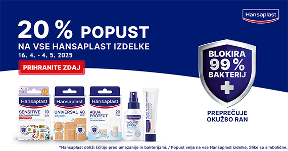 Vsi izdelki Hansaplast so vam na voljo 20% ugodneje.