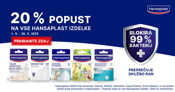 Vsi izdelki Hansaplast so vam na voljo 20% ugodneje.