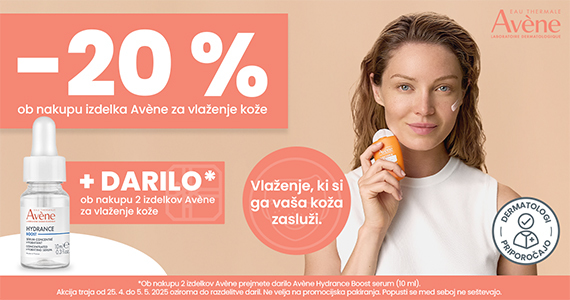 Avene izdelki za vlaženje kože so vam na voljo 20% ugodneje + darilo ob nakupu 2 izdelkov za vlaženje: Avene Hydrance boost serum (10 ml).