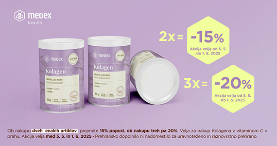Ob nakupu 2 izdelkov Medex Kolagen v prahu z vitaminom C prejmete 15% popust, ob nakupu 3 ali več izdelkov pa kar 20% popust.