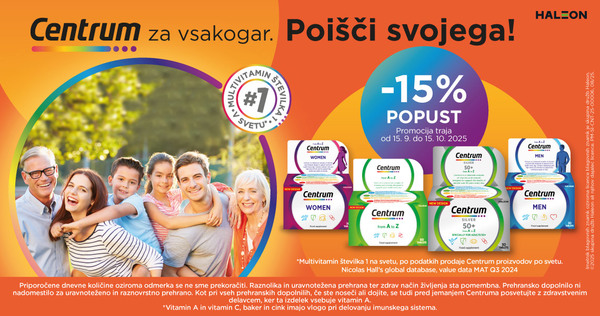 Vsi izdelki Centrum so vam na voljo 15% ugodneje.