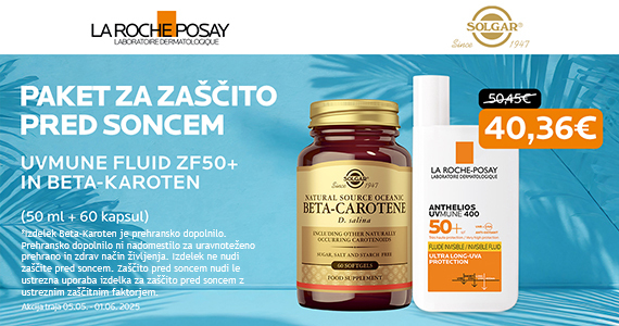 La Roche-Posay in Solgar paket za zaščito pred soncem* vam je na voljo 20% ugodneje.
