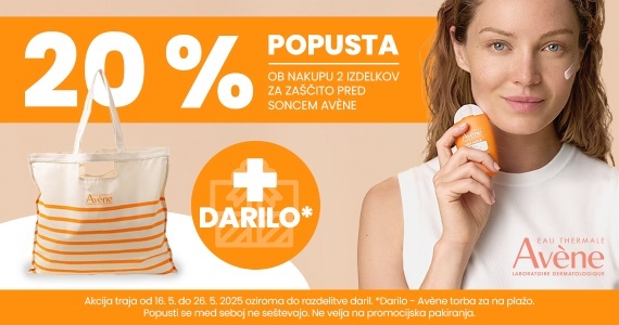 Ob nakupu 2 ali več izdelkov Avene Sun prejmete 20% popust + darilo: torbo