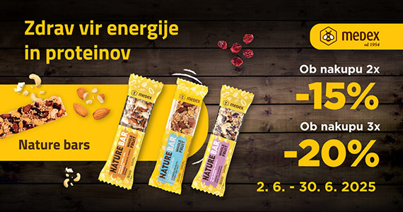 Ob nakupu 2 ploščic Medex Nature bar prejmete 15% popust, ob nakupu 3 ali več ploščic pa 20% popust