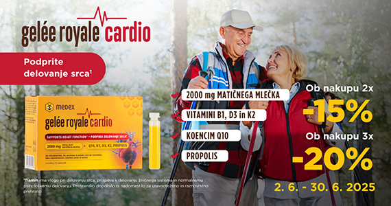 Ob nakupu 2 izdelkov Medex Gelee Royale Cardio prejmete 15% popust, ob nakupu 3 ali več izdelkov pa 20% popust.