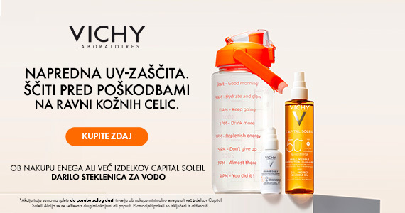 Ob nakupu 1 ali več izdelkov Vichy Capital Soleil prejmete darilo: Vichy stekleničko za vodo