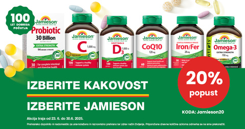 Vsi izdelki Jamieson so vam na voljo 20% ugodneje. Samo s kodo: JAMIESON20