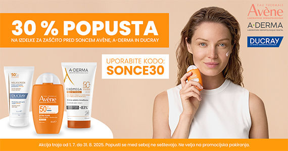 Izdelki za zaščito pred soncem Avene Sun, A-Derma Protect in Ducray Melascreen so vam na voljo 30% ugodneje. - Slika 1