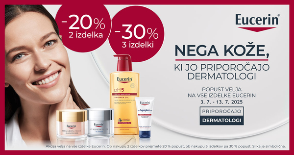 Ob nakupu 2 izdelkov Eucerin prejmete 20% popust, ob nakupu 3 ali več izdelkov pa kar 30% popust.