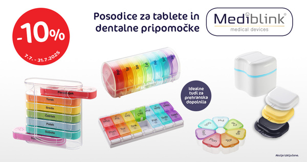 Vse Mediblink posodice za tablete in dentalne pripomočke so vam na voljo 10% ugodneje