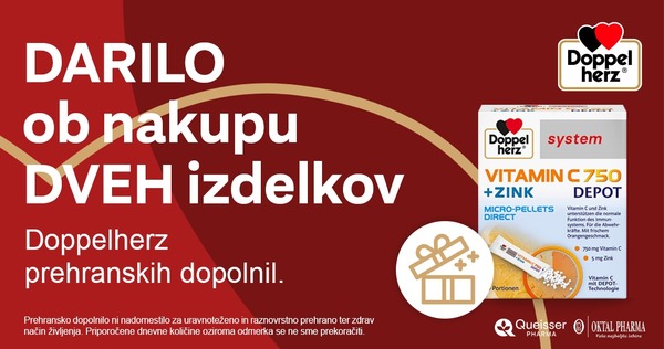 Ob nakupu 2 izdelkov Doppelherz prejmete darilo: Doppelherz System Vitamin C 750 + Cink Depot Direkt, zrnca v vrečkah (20 vrečk)