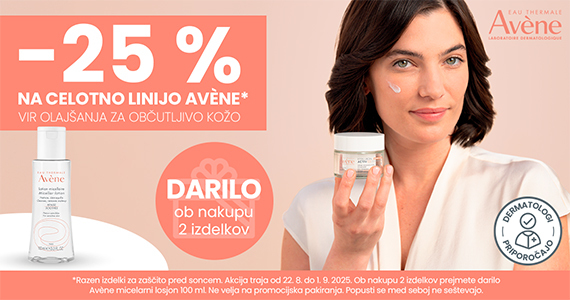 Izdelki Avene so vam na voljo kar 25% ugodneje + darilo ob nakupu 2 izdelkov Avene: Avene Micelarni losjon (100 ml)