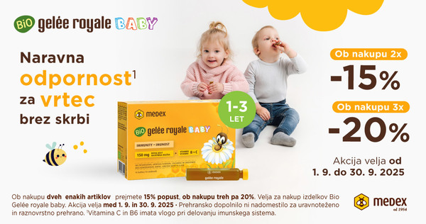 Ob nakupu 2 izdelkov Medex Bio Gelée Royale Baby prejmete 15% popust, ob nakupu 3 ali več izdelkov pa 20% popust.
