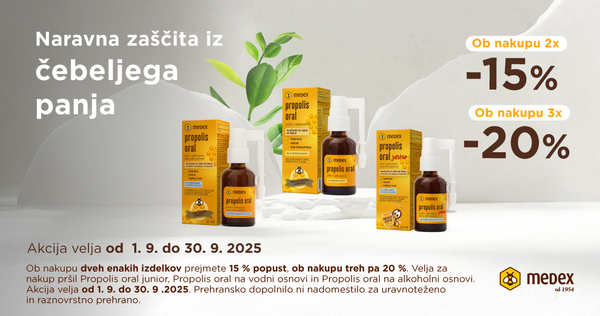 Ob nakupu 2 izdelkov Medex Propolis Oral prejmete 15% popust, ob nakupu 3 ali več izdelkov Propolis Oral pa 20% popust.