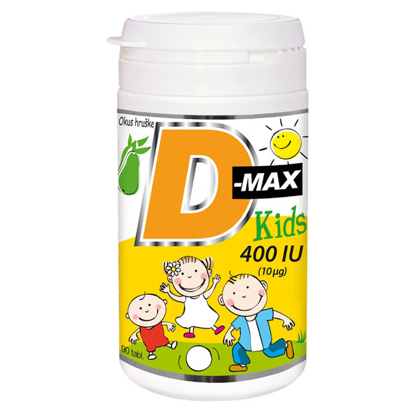 D-Max Kids 400 I.E. Vitabalans Oy, žvečljive tablete z vitaminom D z okusom Hruške (90 tablet)