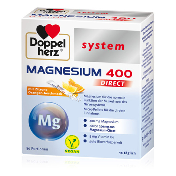 Doppelherz System Magnezij 400 Direkt, zrnca v vrečkah (30 x 4 g)