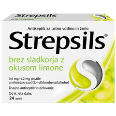 Strepsils brez sladkorja z okusom limone, pastile (24 pastil)