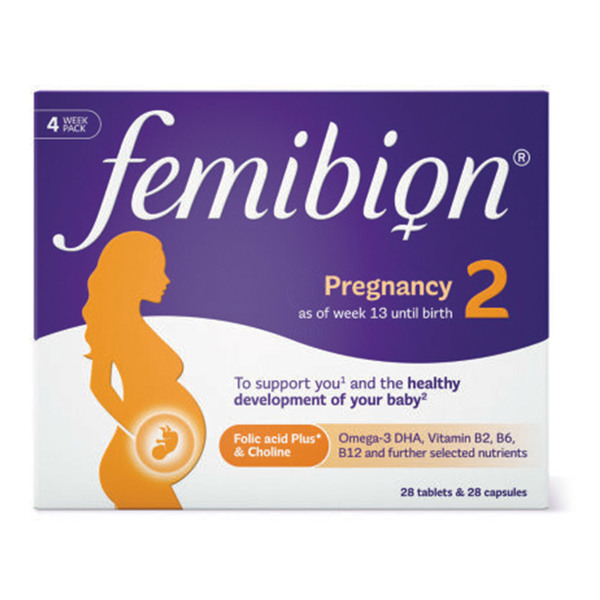 Femibion 2, tablete in kapsule za podporo v nosečnosti od 13. tedna do rojstva (28 tablet + 28 kapsul)