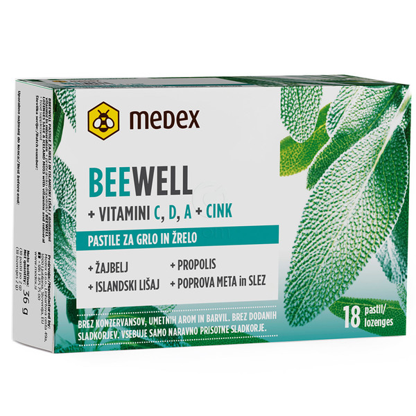 Medex Bee Well, pastile za grlo in žrelo - Žajbelj in Islandski lišaj (18 pastil)