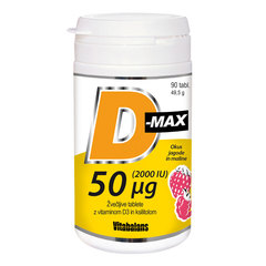 D-Max 2000 I.E. Vitabalans, žvečljive tablete z vitaminom D3 in ksiltolom - okus jagode in maline (90 tablet)