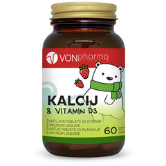 VONpharma Kalcij in Vitamin D3, žvečljive tablete za otroke z okusom jagode (60 tablet)