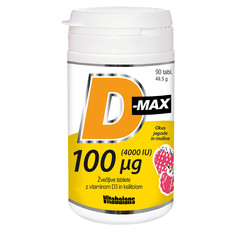 D-Max 4000 I.E. Vitabalans, žvečljive tablete z vitaminom D3 in ksilitolom - okus jagode in maline (90 tablet)