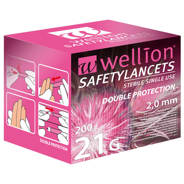 Wellion 21G Safety, varne lancete za enkratno uporabo - dvojna zaščita (200 lancet)