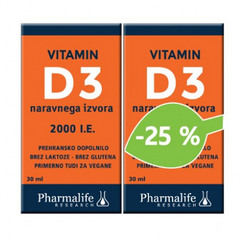 Vitamin D3 2.000 IE Pharmalife, kapljice - steklenička s kapalko - paket (2 x 30 ml)