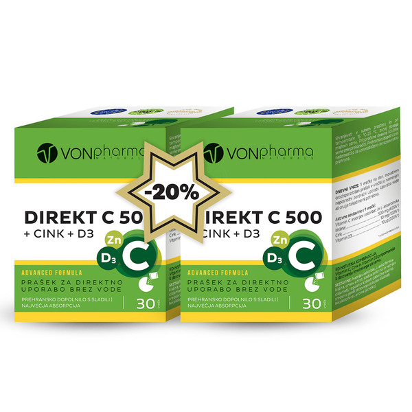 VONpharma Direkt C 500 + Cink + D3, prašek - paket (2 x 30 vrečk)