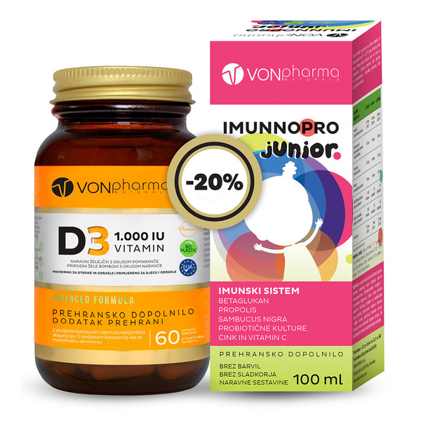 VonPharma Vitamin D3 1000 I.E. in Imunnopro Junior, paket (60 želejčkov + 100 ml)