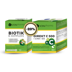 VonPharma Direkt C 500 + Cink + D3 in Biotik B-Kompleks, paket (30 vrečk + 10 kapsul)