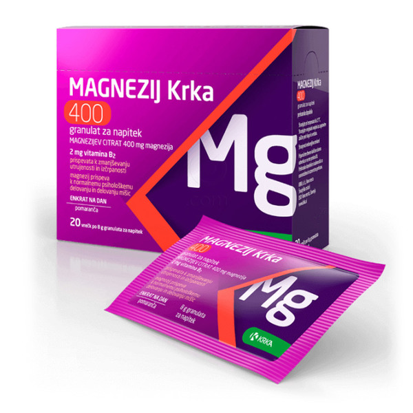 Magnezij Krka 400, granulat za napitek - vrečke (20 x 8g)