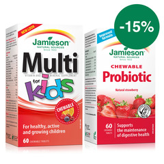 Jamieson, mali paket za otroke - multiVitamini in minerali za otroke in probiotic, žvečljive tablete (60 bonbonov + 60 tablet)