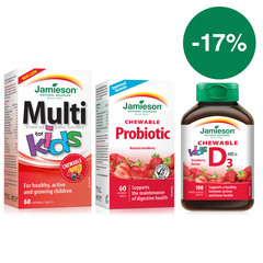Jamieson, veliki paket za otroke - MultiVitamini in minerali za otroke, Probiotic žvečljive tablete in vitamin D3 bonboni (60 bonbonov + 60 tablet + 100 tablet)