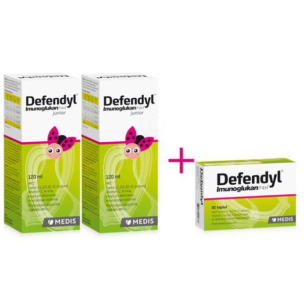 Defendyl-Imunoglukan P4H junior, paket - tekočina + kapsule (2 x 120 ml + 30 kapsul)