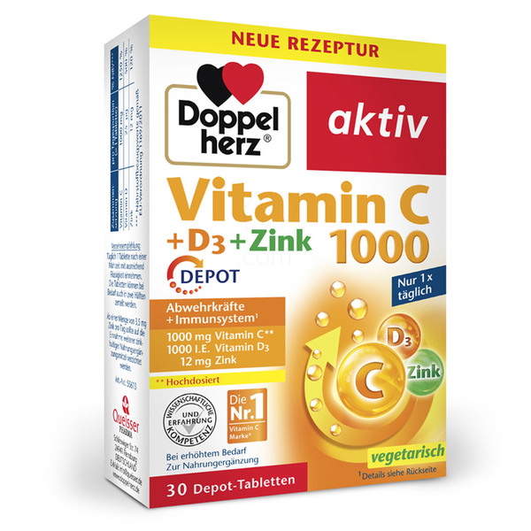 Doppelherz Aktiv Vitamin C 1000 + Vitamin D3 + Cink Depot, tablete s podaljšanim sproščanjem (30 tablet)